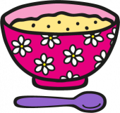 cartoon porridge in a pink bowl with daisies on.